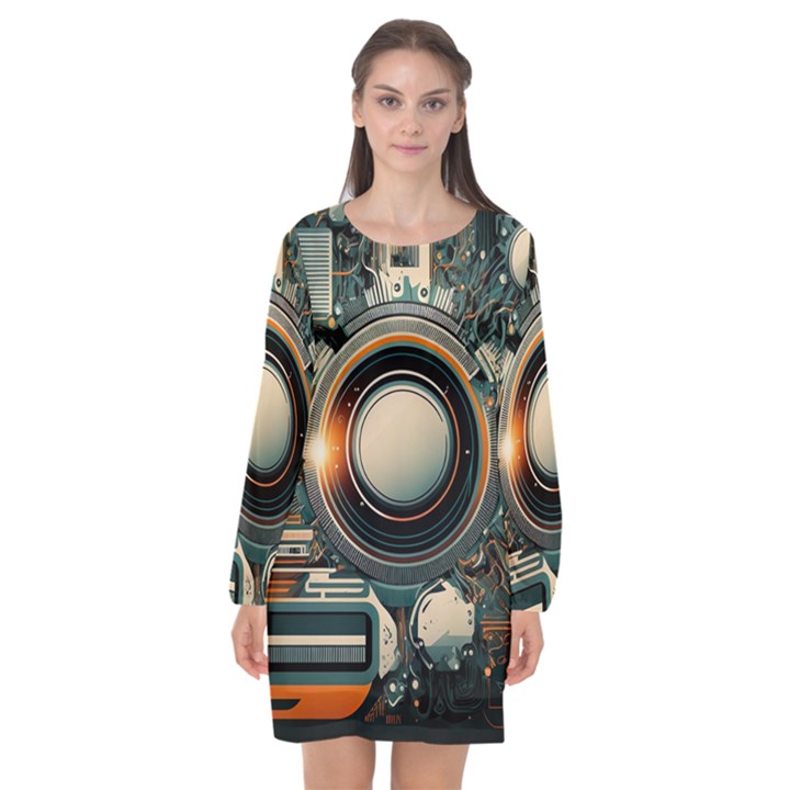 Illustrations Technology Robot Internet Processor Long Sleeve Chiffon Shift Dress 