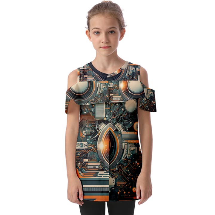 Illustrations Technology Robot Internet Processor Fold Over Open Sleeve Top