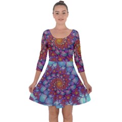 Fractals Abstract Art Cyan Spiral Vortex Pattern Quarter Sleeve Skater Dress by Ravend