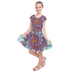 Fractals Abstract Art Cyan Spiral Vortex Pattern Kids  Short Sleeve Dress by Ravend