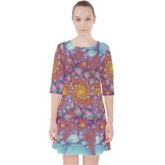 Fractals Abstract Art Cyan Spiral Vortex Pattern Quarter Sleeve Pocket Dress by Ravend