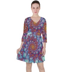 Fractals Abstract Art Cyan Spiral Vortex Pattern Quarter Sleeve Ruffle Waist Dress by Ravend