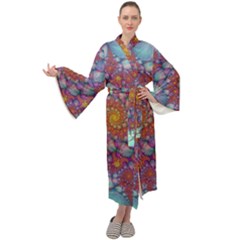 Fractals Abstract Art Cyan Spiral Vortex Pattern Maxi Velvet Kimono by Ravend