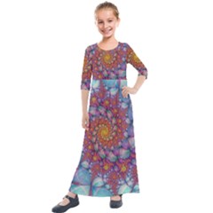 Fractals Abstract Art Cyan Spiral Vortex Pattern Kids  Quarter Sleeve Maxi Dress by Ravend