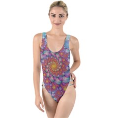 Fractals Abstract Art Cyan Spiral Vortex Pattern High Leg Strappy Swimsuit by Ravend