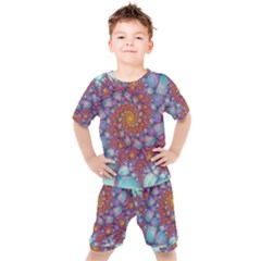 Fractals Abstract Art Cyan Spiral Vortex Pattern Kids  Tee And Shorts Set by Ravend