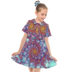 Fractals Abstract Art Cyan Spiral Vortex Pattern Kids  Short Sleeve Shirt Dress