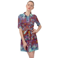 Fractals Abstract Art Cyan Spiral Vortex Pattern Belted Shirt Dress by Ravend