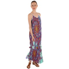 Fractals Abstract Art Cyan Spiral Vortex Pattern Cami Maxi Ruffle Chiffon Dress by Ravend