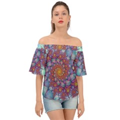 Fractals Abstract Art Cyan Spiral Vortex Pattern Off Shoulder Short Sleeve Top by Ravend