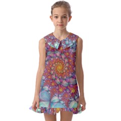 Fractals Abstract Art Cyan Spiral Vortex Pattern Kids  Pilgrim Collar Ruffle Hem Dress