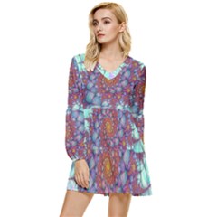 Fractals Abstract Art Cyan Spiral Vortex Pattern Tiered Long Sleeve Mini Dress by Ravend