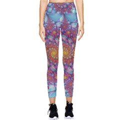 Fractals Abstract Art Cyan Spiral Vortex Pattern Pocket Leggings  by Ravend