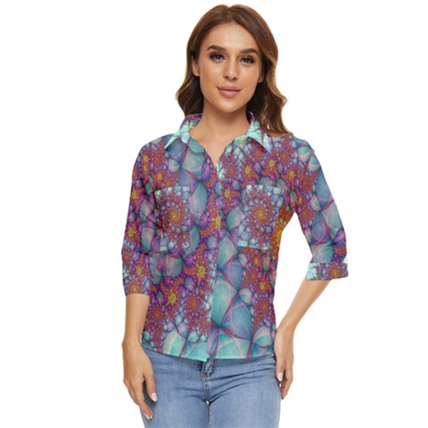 Fractals Abstract Art Cyan Spiral Vortex Pattern Women s Quarter Sleeve Pocket Shirt by Ravend