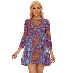 Fractals Abstract Art Cyan Spiral Vortex Pattern Long Sleeve Babydoll Dress by Ravend