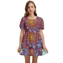 Fractals Abstract Art Cyan Spiral Vortex Pattern Kids  Short Sleeve Dolly Dress by Ravend