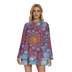 Fractals Abstract Art Cyan Spiral Vortex Pattern Round Neck Long Sleeve Bohemian Style Chiffon Mini Dress