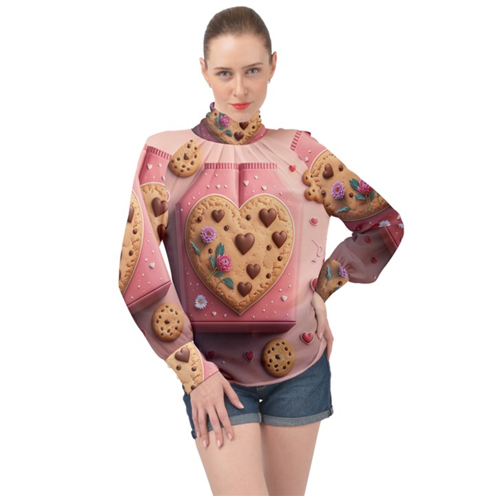 Cookies Valentine Heart Holiday Gift Love High Neck Long Sleeve Chiffon Top