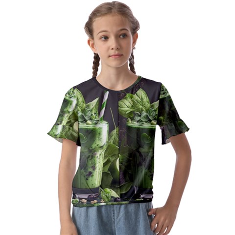 Ai Generated Drink Spinach Smooth Apple Ginger Kids  Cuff Sleeve Scrunch Bottom Tee by danenraven