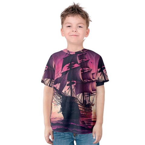 Ship Pirate Adventure Landscape Ocean Sun Heaven Kids  Cotton Tee by danenraven