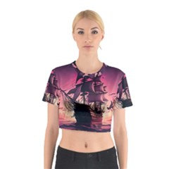 Ship Pirate Adventure Landscape Ocean Sun Heaven Cotton Crop Top