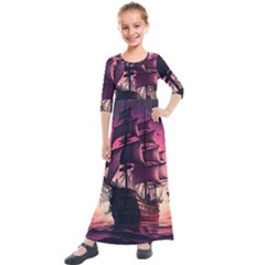 Ship Pirate Adventure Landscape Ocean Sun Heaven Kids  Quarter Sleeve Maxi Dress by danenraven