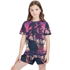 Ship Pirate Adventure Landscape Ocean Sun Heaven Kids  Tee And Sports Shorts Set by danenraven