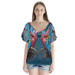 Birds Parrots Love Ornithology Species Fauna V-neck Flutter Sleeve Top by danenraven