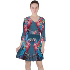 Birds Parrots Love Ornithology Species Fauna Quarter Sleeve Ruffle Waist Dress by danenraven