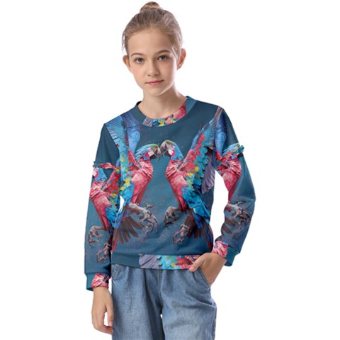 Birds Parrots Love Ornithology Species Fauna Kids  Long Sleeve Tee With Frill  by danenraven