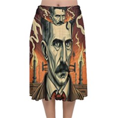 Ai Generated Nikola Tesla Tesla Nikolas Electricity Velvet Flared Midi Skirt by danenraven