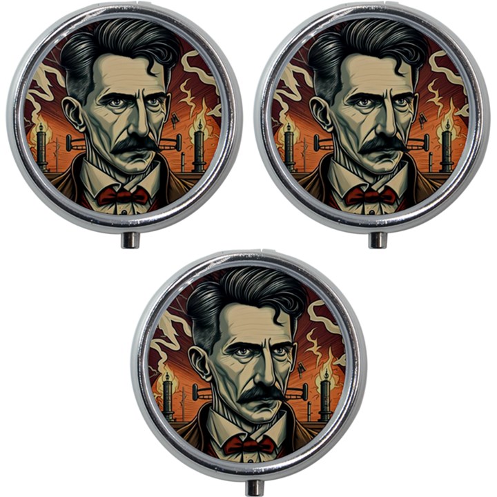 Ai Generated Nikola Tesla Tesla Nikolas Electricity Mini Round Pill Box (Pack of 3)