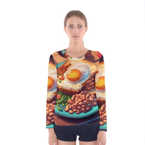 Ai Generated Breakfast Egg Beans Toast Plate Women s Long Sleeve Tee by danenraven