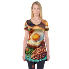 Ai Generated Breakfast Egg Beans Toast Plate Short Sleeve Tunic  by danenraven