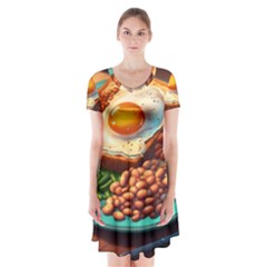 Ai Generated Breakfast Egg Beans Toast Plate Short Sleeve V-neck Flare Dress by danenraven