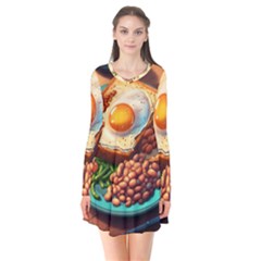 Ai Generated Breakfast Egg Beans Toast Plate Long Sleeve V-neck Flare Dress by danenraven