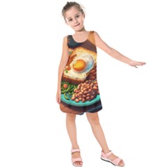 Ai Generated Breakfast Egg Beans Toast Plate Kids  Sleeveless Dress by danenraven