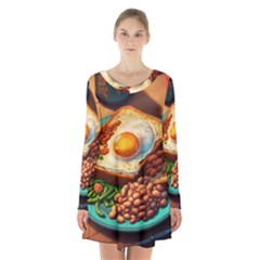 Ai Generated Breakfast Egg Beans Toast Plate Long Sleeve Velvet V-neck Dress