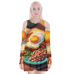 Ai Generated Breakfast Egg Beans Toast Plate Velvet Long Sleeve Shoulder Cutout Dress by danenraven