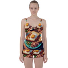 Ai Generated Breakfast Egg Beans Toast Plate Tie Front Two Piece Tankini by danenraven