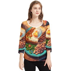 Ai Generated Breakfast Egg Beans Toast Plate Chiffon Quarter Sleeve Blouse by danenraven