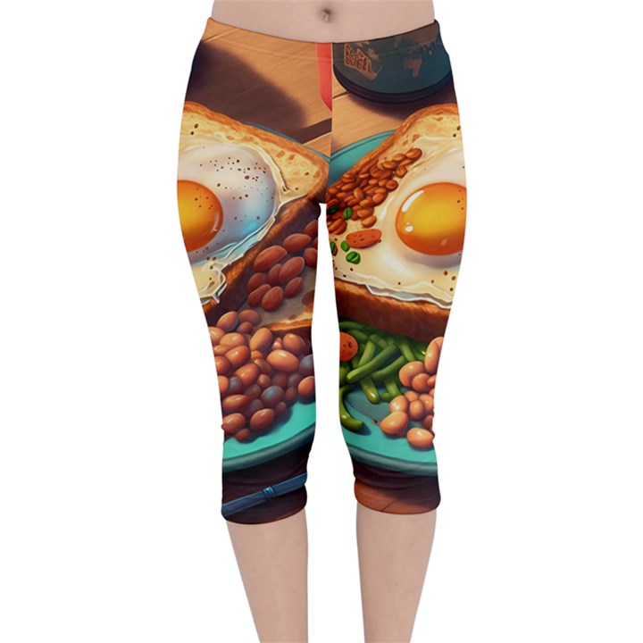 Ai Generated Breakfast Egg Beans Toast Plate Velvet Capri Leggings 