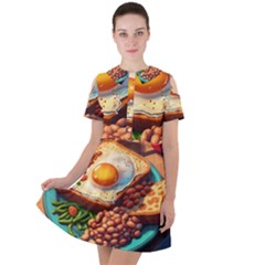 Ai Generated Breakfast Egg Beans Toast Plate Short Sleeve Shoulder Cut Out Dress  by danenraven