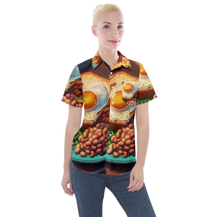 Ai Generated Breakfast Egg Beans Toast Plate Women s Short Sleeve Pocket Shirt