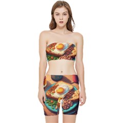 Ai Generated Breakfast Egg Beans Toast Plate Stretch Shorts And Tube Top Set by danenraven