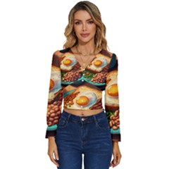 Ai Generated Breakfast Egg Beans Toast Plate Long Sleeve V-neck Top by danenraven