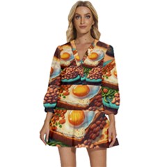 Ai Generated Breakfast Egg Beans Toast Plate V-neck Placket Mini Dress by danenraven