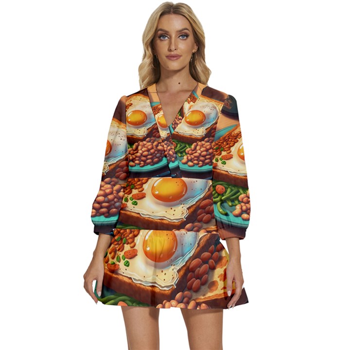 Ai Generated Breakfast Egg Beans Toast Plate V-Neck Placket Mini Dress