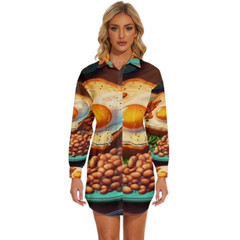 Ai Generated Breakfast Egg Beans Toast Plate Womens Long Sleeve Shirt Dress by danenraven