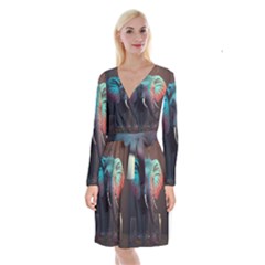 Ai Generated Elephant Tusks Trunk Wildlife Africa Long Sleeve Velvet Front Wrap Dress by danenraven